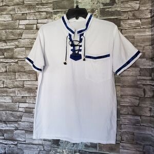 Guatemalan Shirt White W/ Folkloric Details & Lace-up Front Latin Heritage Small